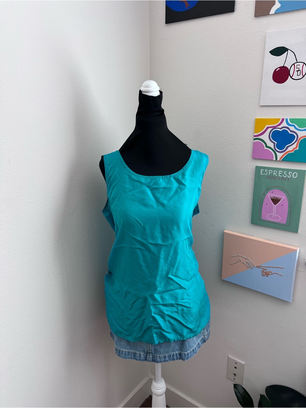 Y2K Express 100% Silk Teal Sleeveless Tank Top